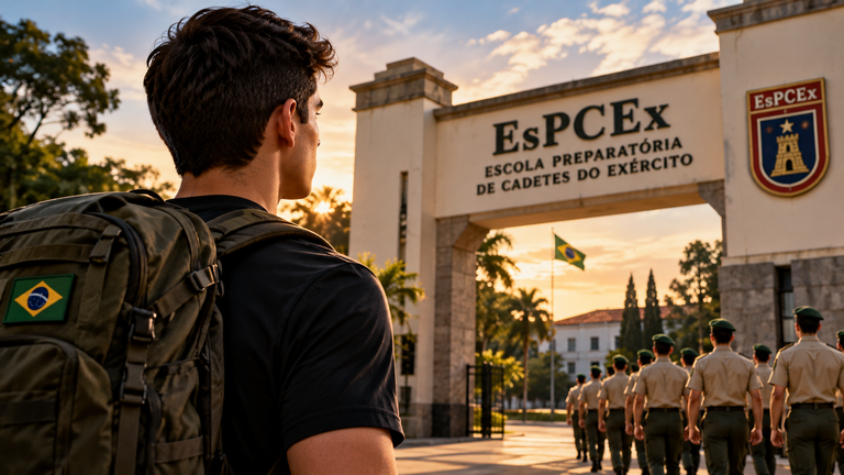 Jovem candidato com mochila observa militares em formação diante de uma entrada de escola militar, representando a escolha pela carreira de Oficial do Exército por meio da EsPCEx.