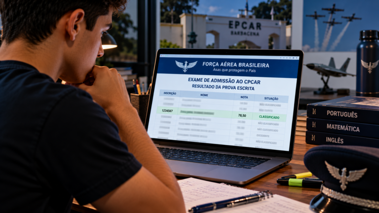 Jovem candidato à EPCAR consulta o resultado da prova escrita em um notebook, sentado à mesa com materiais de estudo e referências à aviação.