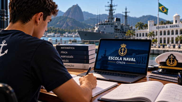 Jovem candidato à Escola Naval resolve exercícios em um caderno, com livros de Matemática, Física, Português, Inglês e Redação sobre a mesa, em ambiente com referências à Marinha do Brasil.