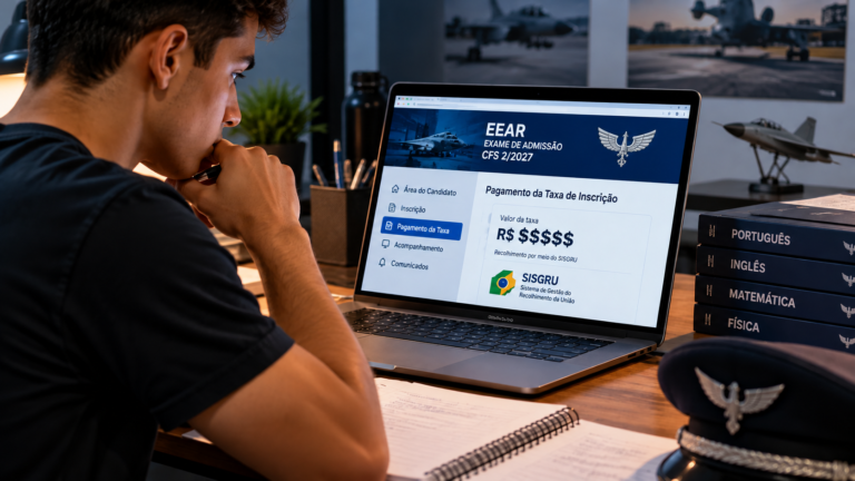 Jovem candidato à EEAR consulta a taxa de inscrição em um notebook, com o valor representado por cifrões, em uma mesa com materiais de estudo.